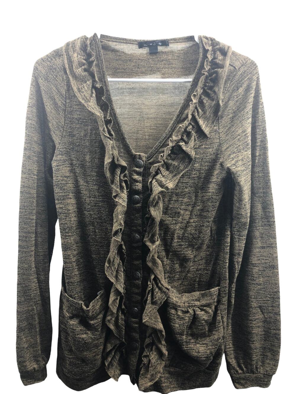 Love Free Brown Ruffled Button Down Cardigan Sweater Women's Size Medium